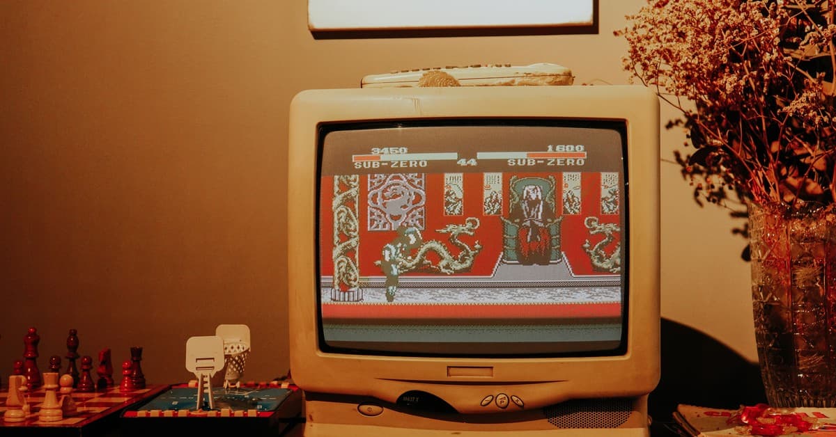 Retro living room scene featuring vintage TV playing classic video game.