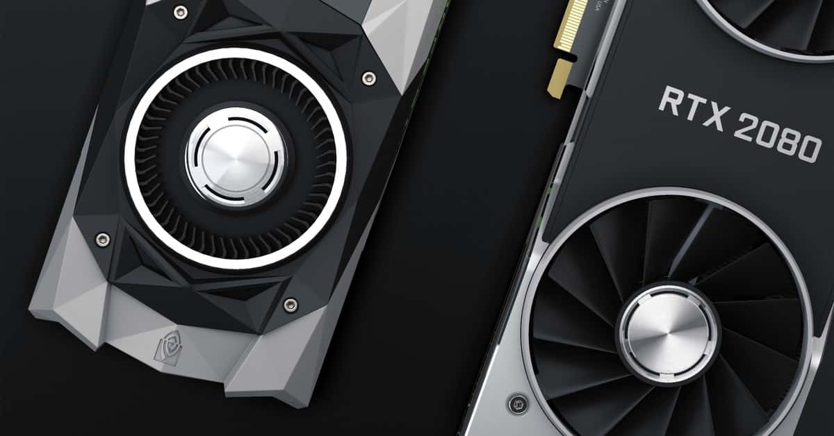 Close-up of two high-performance RTX 2080 graphics cards showcasing their sleek design and cooling fans.