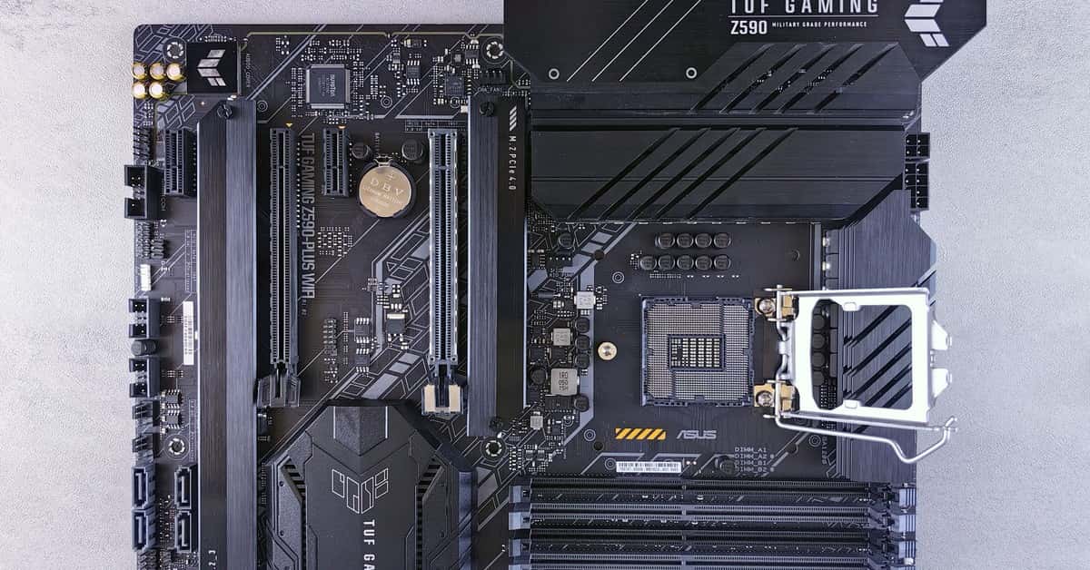 High-performance ASUS TUF Gaming Z590 motherboard with advanced circuitry for gaming and computing.