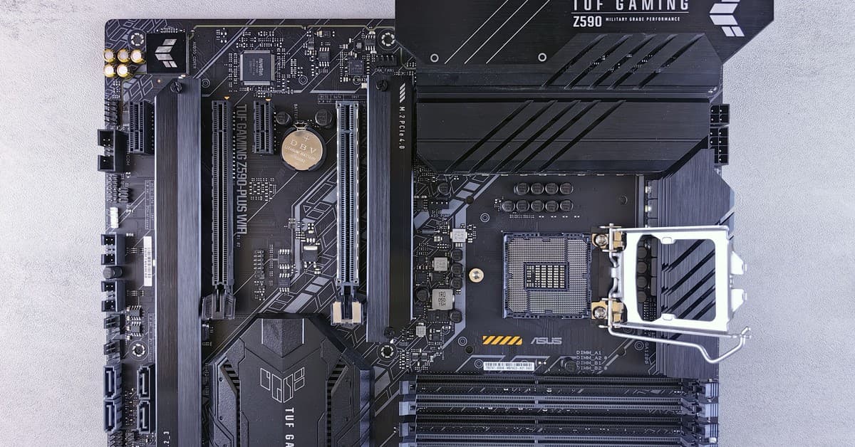High-performance ASUS TUF Gaming Z590 motherboard with advanced circuitry for gaming and computing.