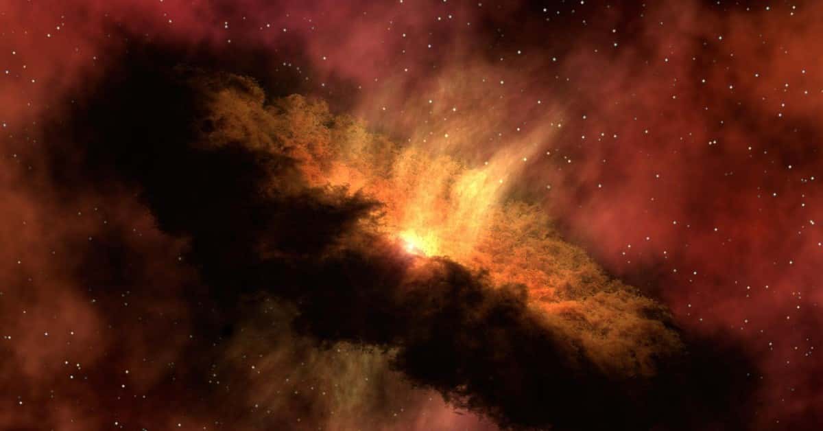 Dramatic image of a cosmic dust cloud with vivid colors and starry sky.