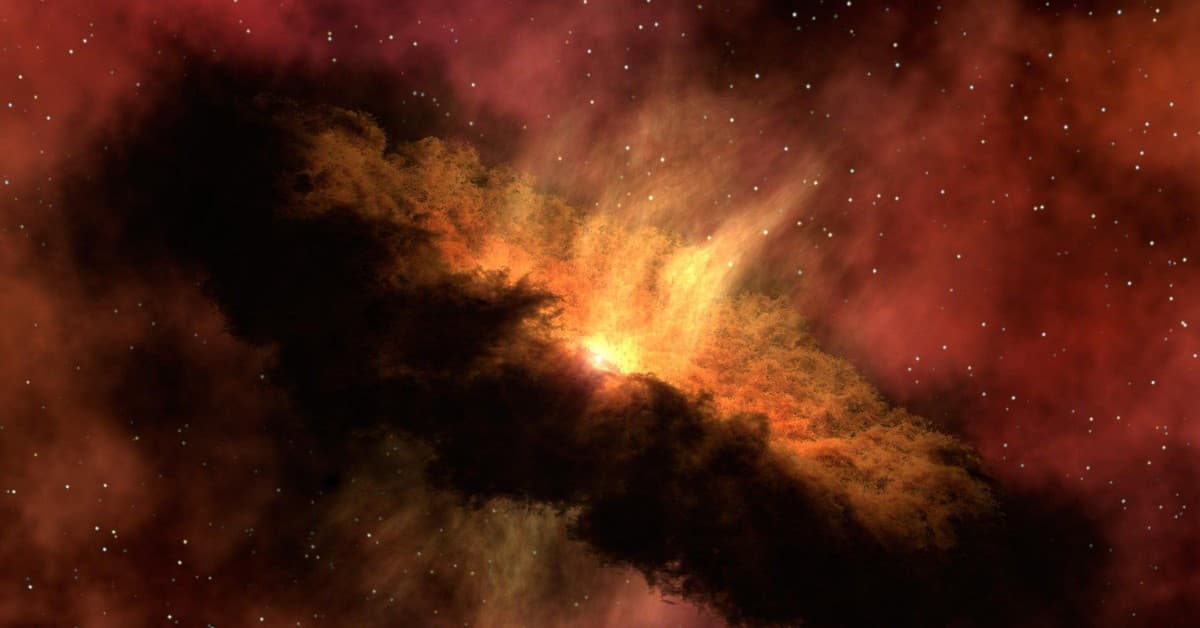 Dramatic image of a cosmic dust cloud with vivid colors and starry sky.