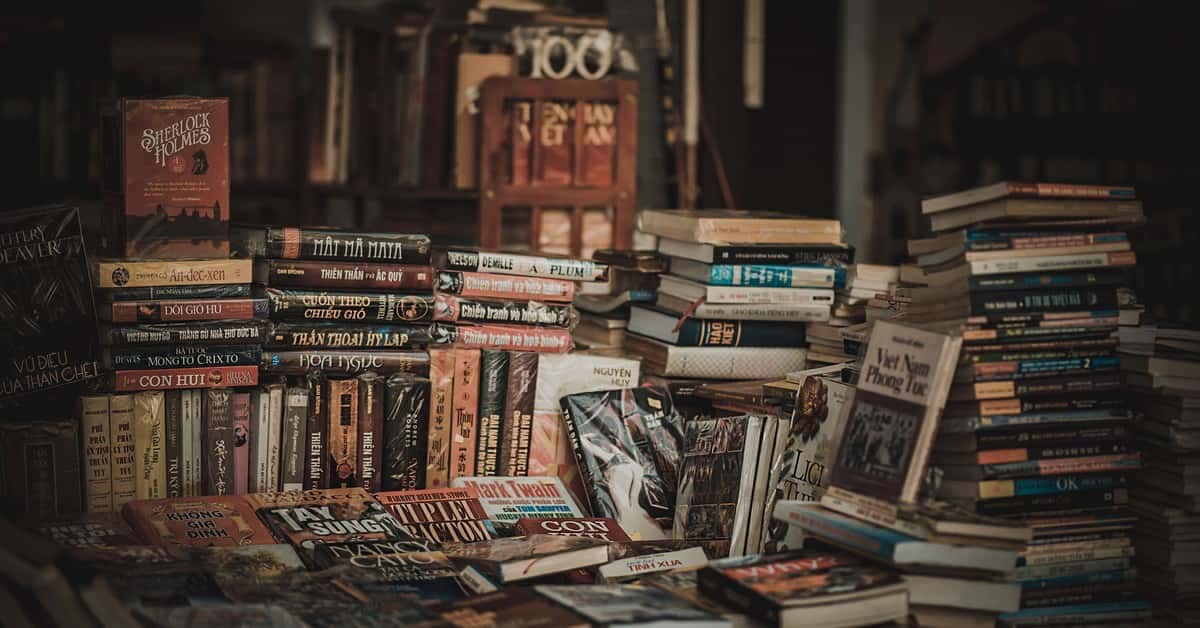 A cozy indoor bookstore with stacked bookshelves filled with novels and literature.