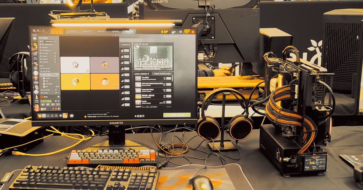 Modern gaming gear setup on display at a tech expo.