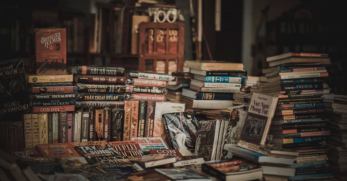 A cozy indoor bookstore with stacked bookshelves filled with novels and literature.