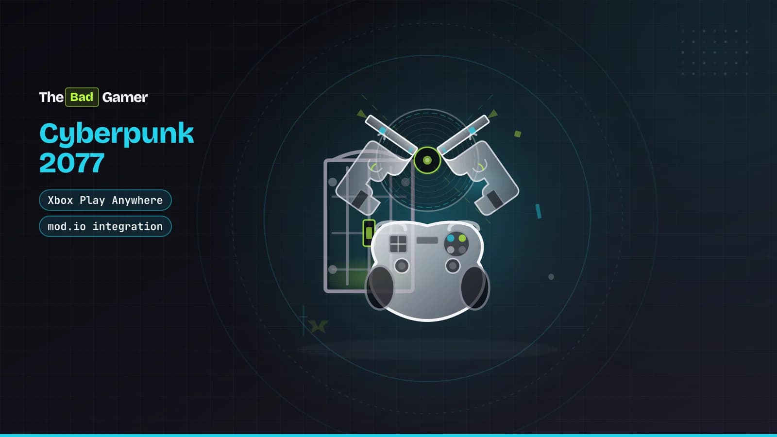 A controller, prison gate, dual pistols, and vinyl record representing the Cyberpunk 2077 Edgerunners 2 Update