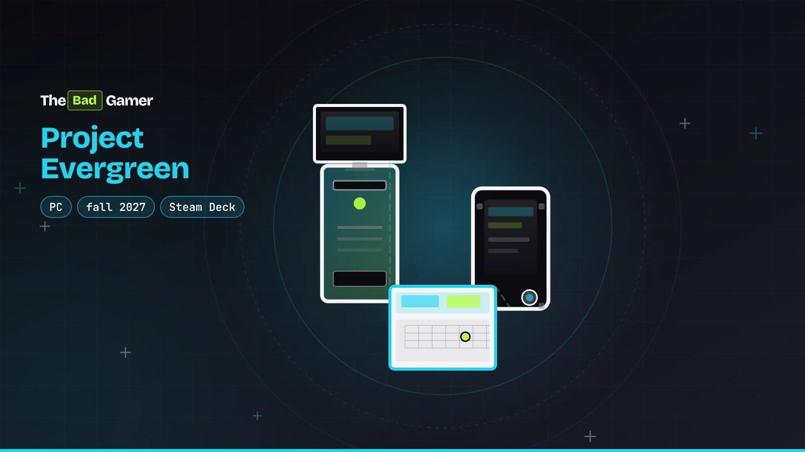 A desktop computer and handheld device beside a calendar marked fall 2027, representing Project Evergreen's PC and Steam Deck…