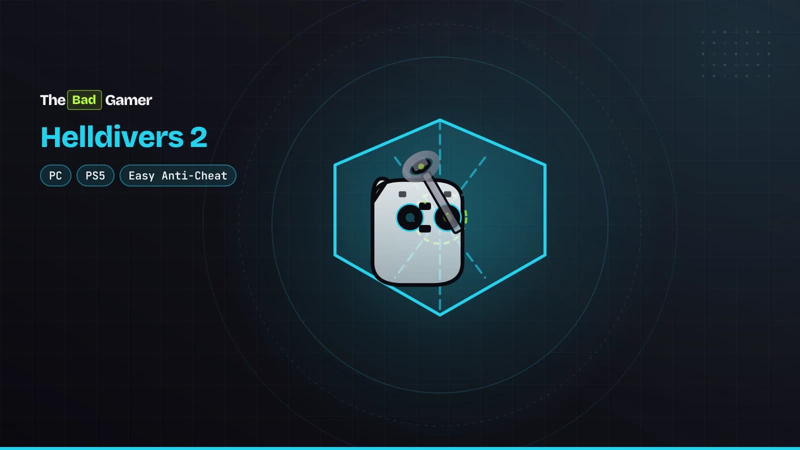 A game controller on a broken shield with a wrench, representing Helldivers 2 anti-cheat controversy