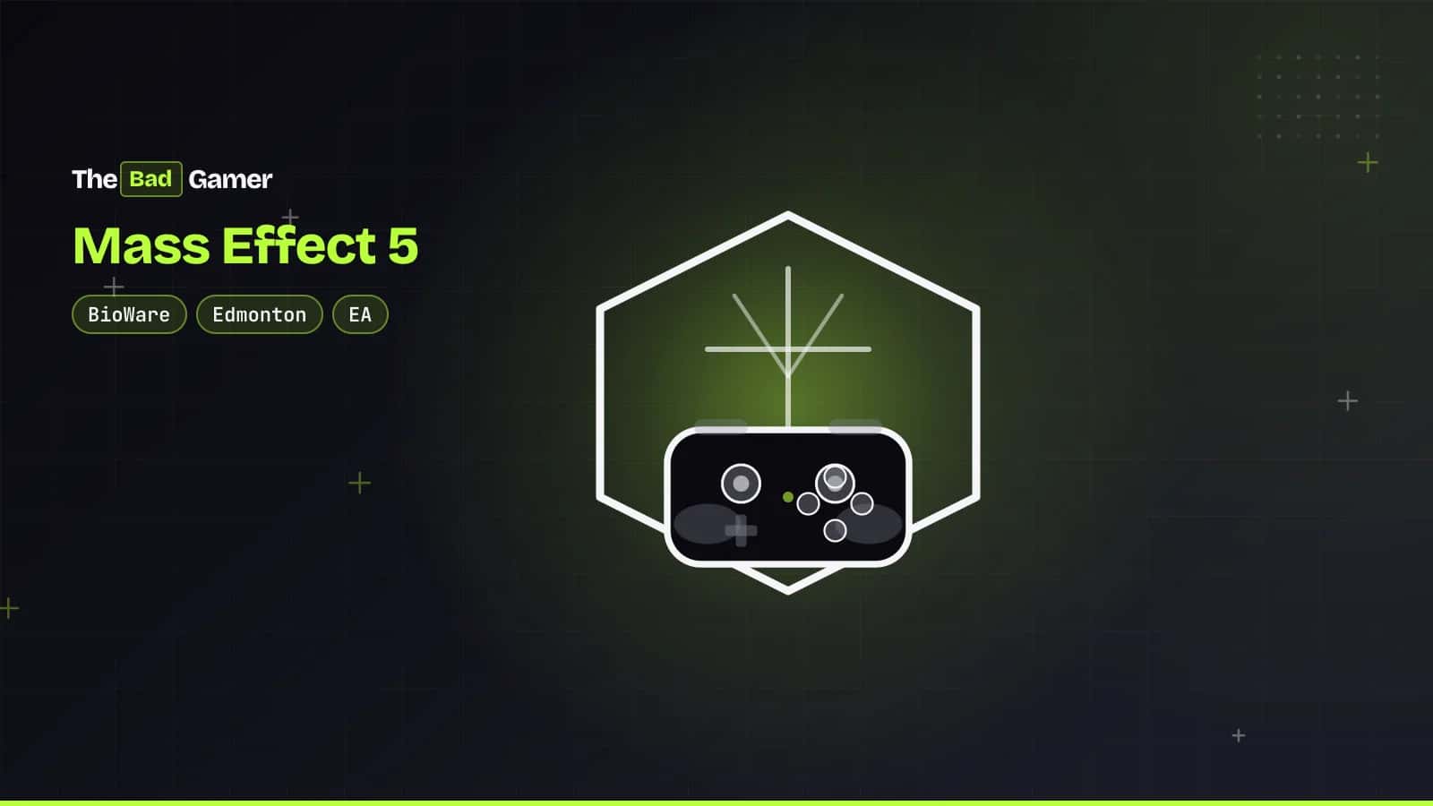A controller on a cracked shield with a star, representing Mass Effect 5 and BioWare closure