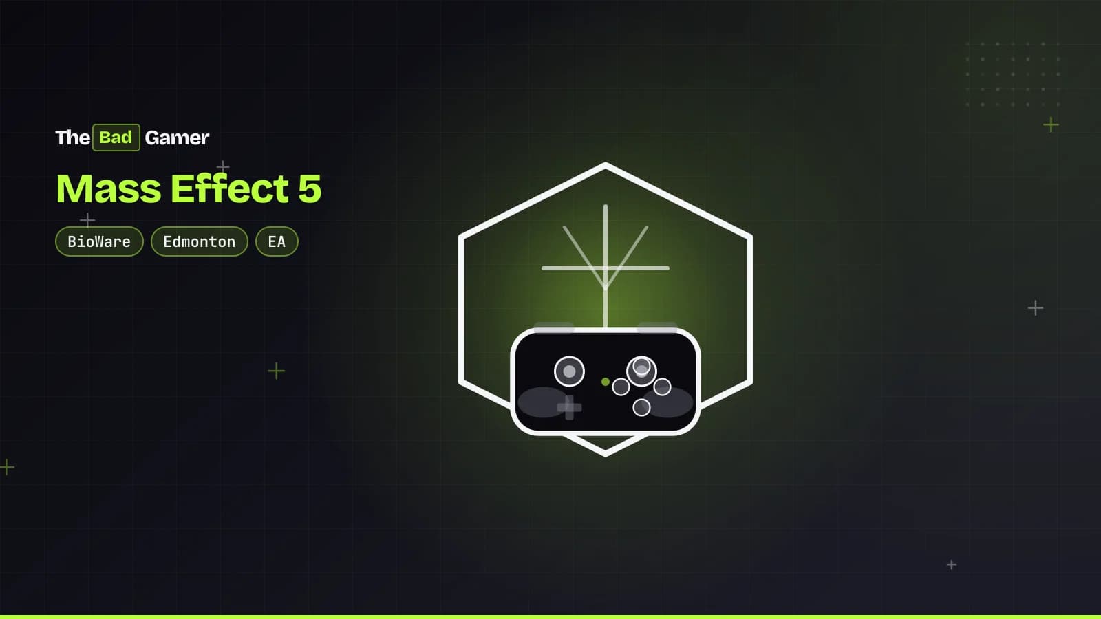 A controller on a cracked shield with a star, representing Mass Effect 5 and BioWare closure