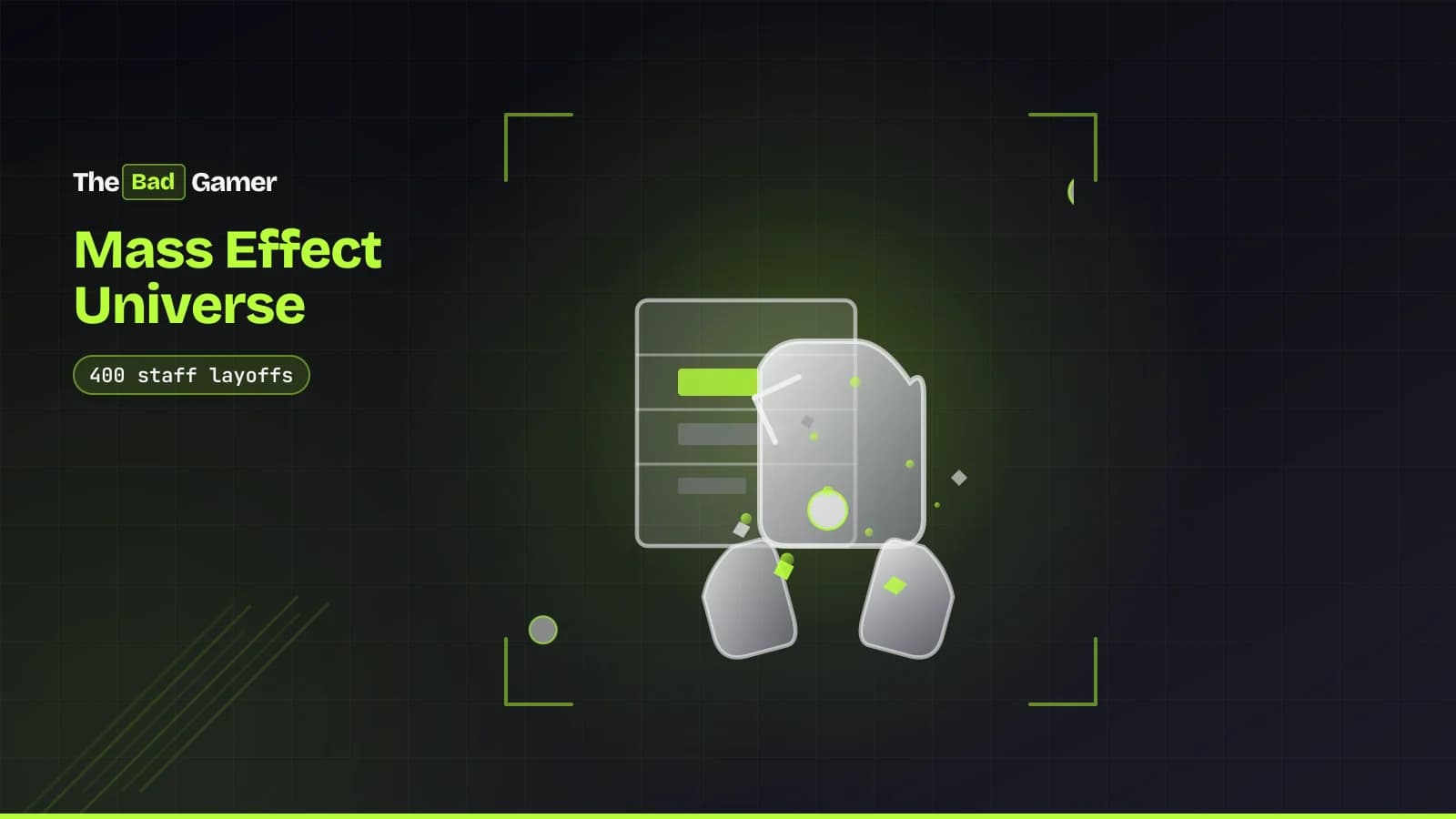 A broken controller fading into light near a calendar, representing the cancelled Mass Effect Universe project