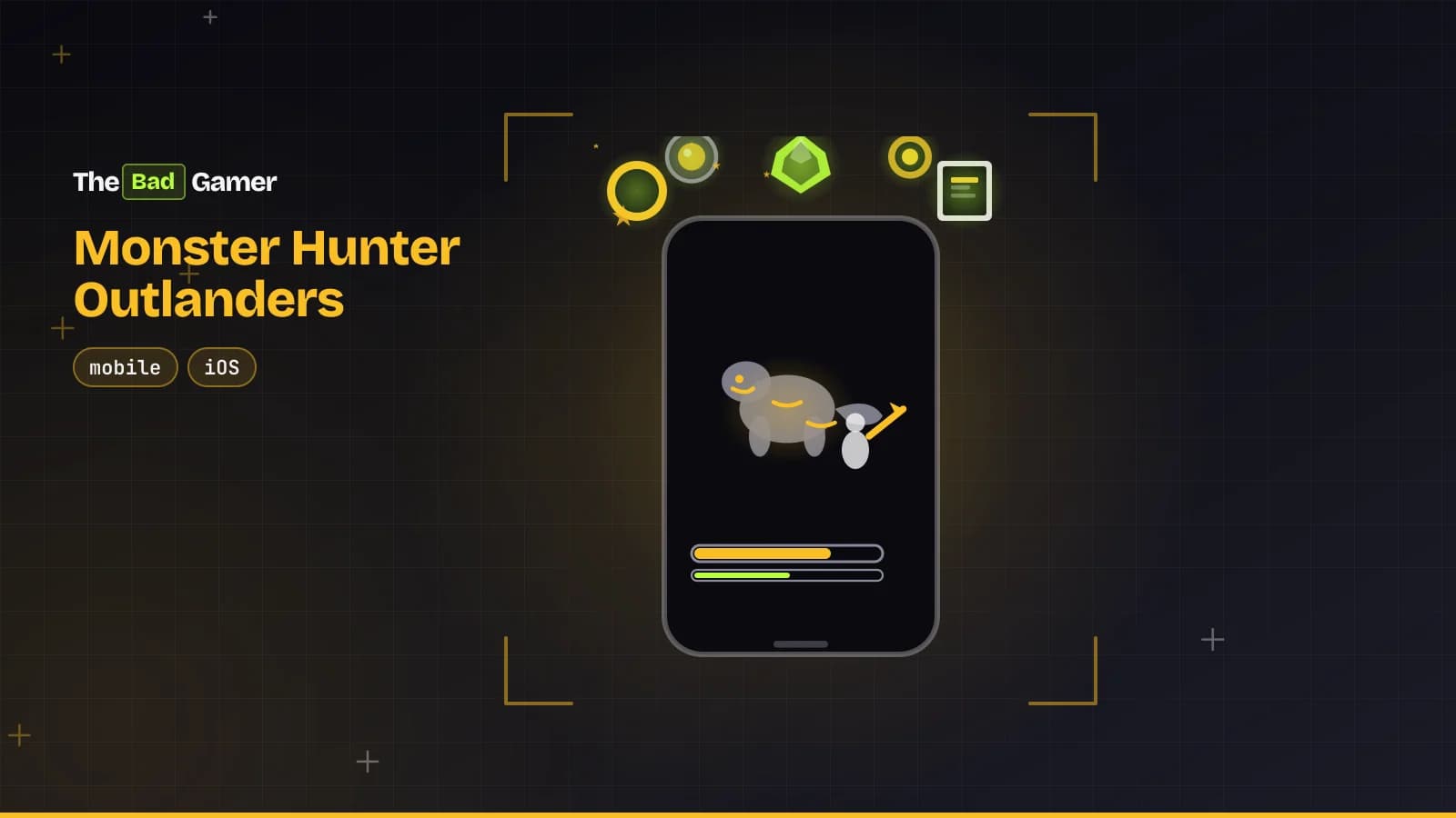 Smartphone showing Monster Hunter Outlanders gameplay with gacha currency symbols overlaying the hunt scene