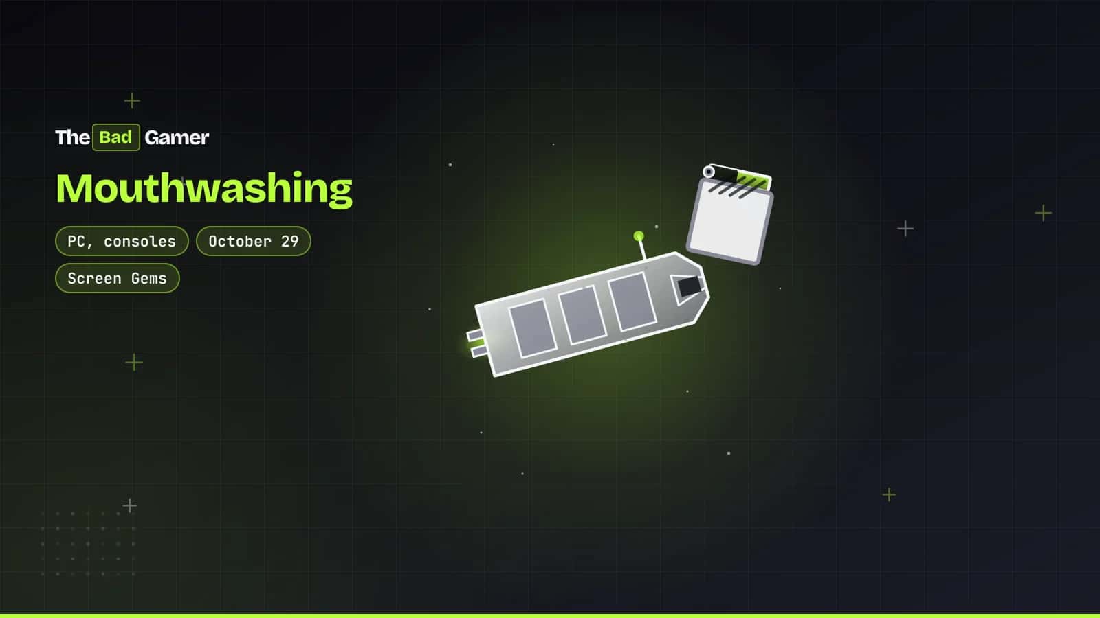 Freight spaceship and film clapperboard illustrate Mouthwashing live-action movie announcement