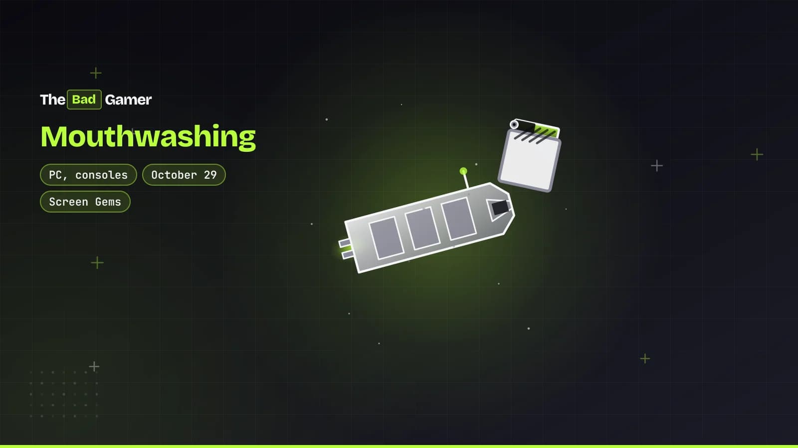 Freight spaceship and film clapperboard illustrate Mouthwashing live-action movie announcement