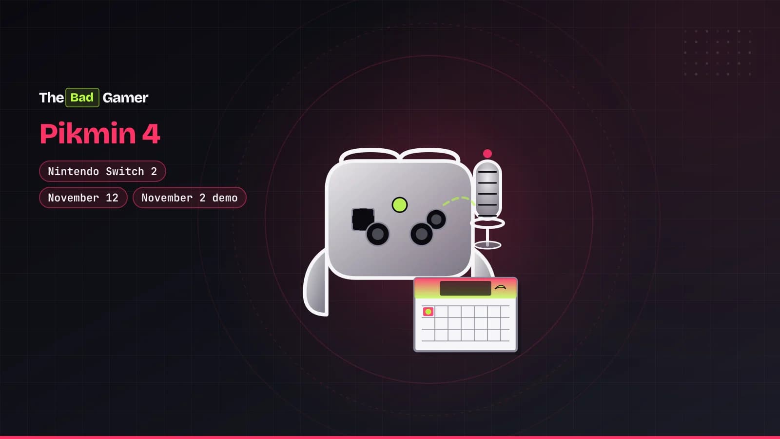 Controller with microphone icon next to calendar showing November 1 as Pikmin Day, representing the Pikmin 4 Switch 2 Edition…