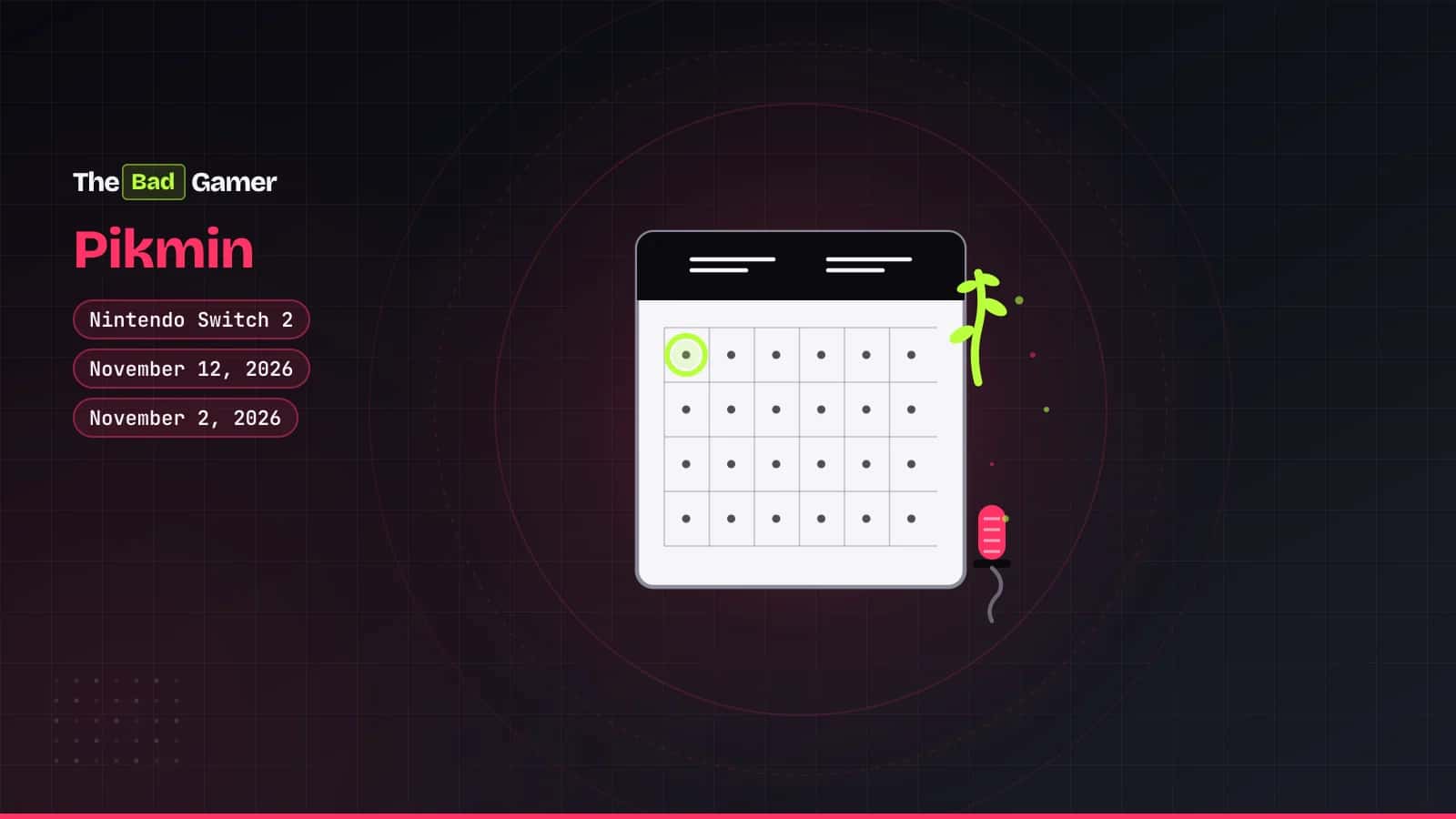 Calendar marking Pikmin Day on November 1 with a plant sprout and microphone, representing the new Switch 2 voice features