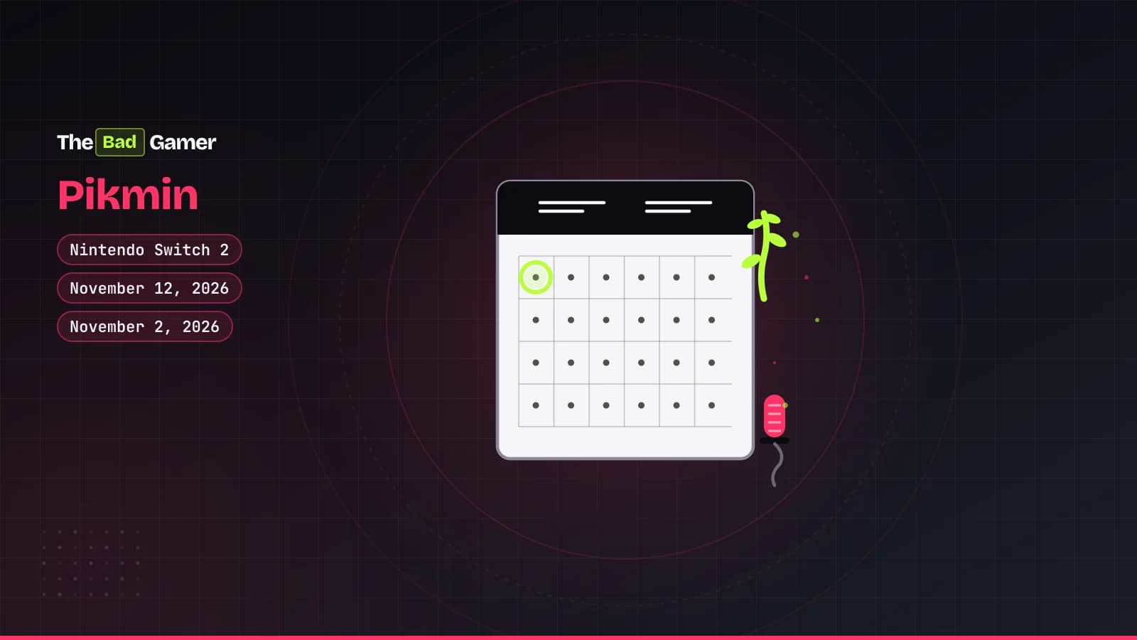 Calendar marking Pikmin Day on November 1 with a plant sprout and microphone, representing the new Switch 2 voice features