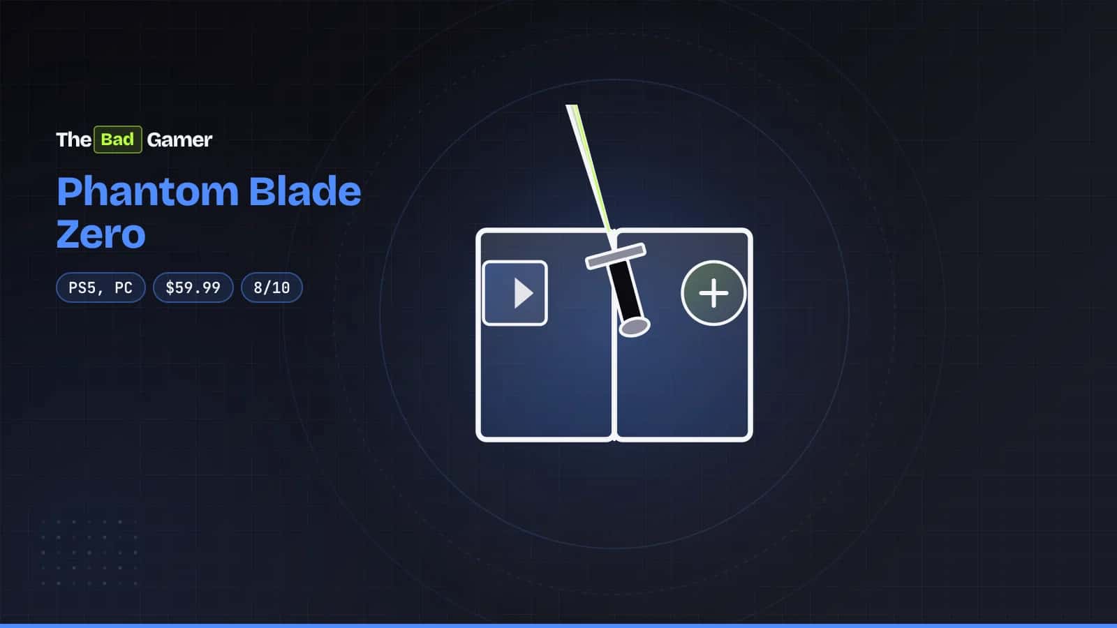 Sword on a dual-platform game case representing Phantom Blade Zero's PS5 and PC release with 8/10 score