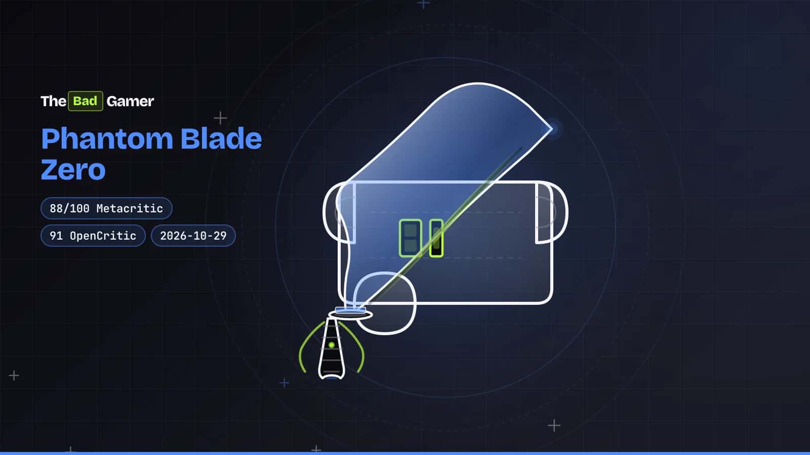 Curved sword on a scroll with high review scores, representing Phantom Blade Zero's critical acclaim