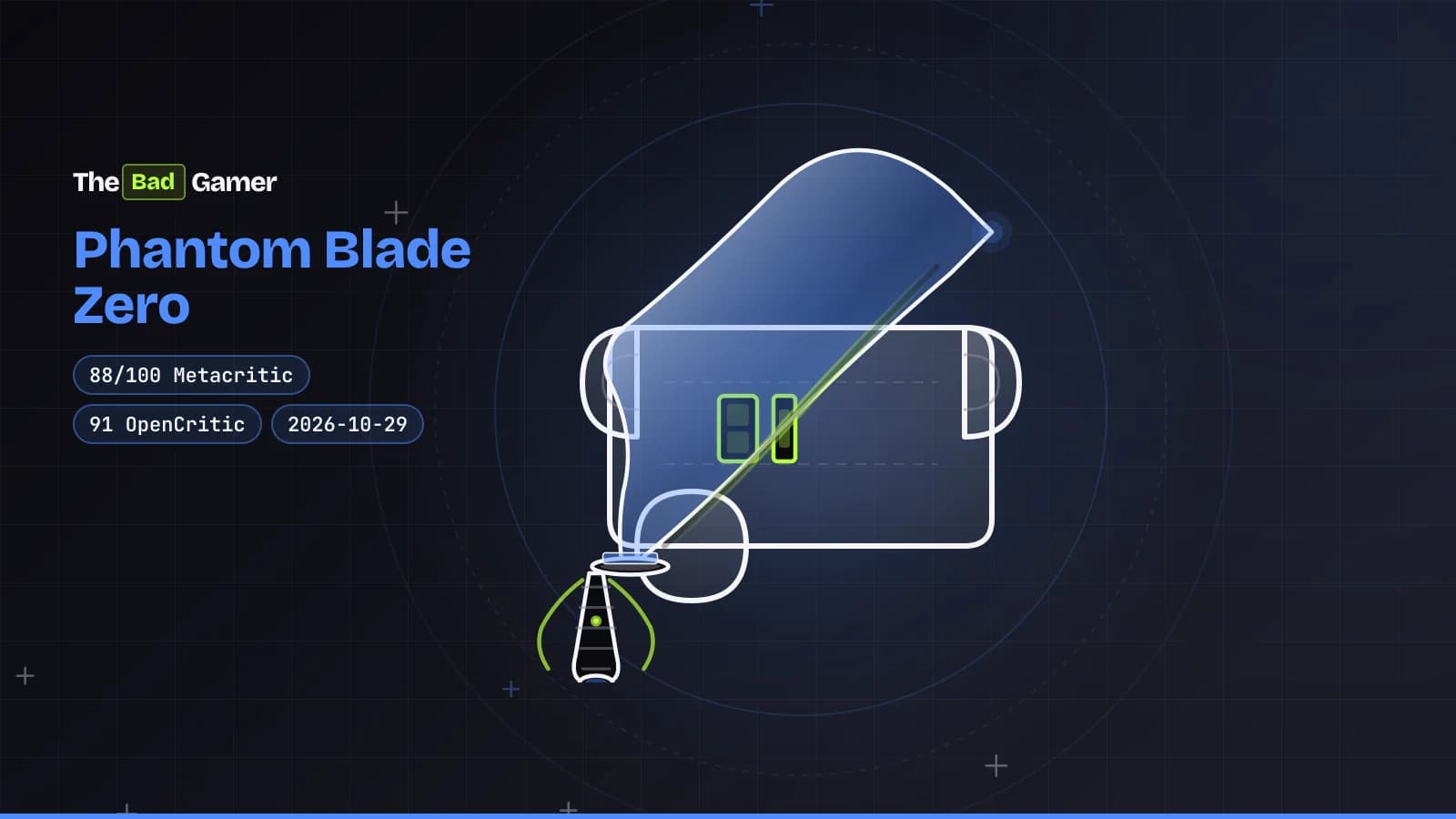 Curved sword on a scroll with high review scores, representing Phantom Blade Zero's critical acclaim