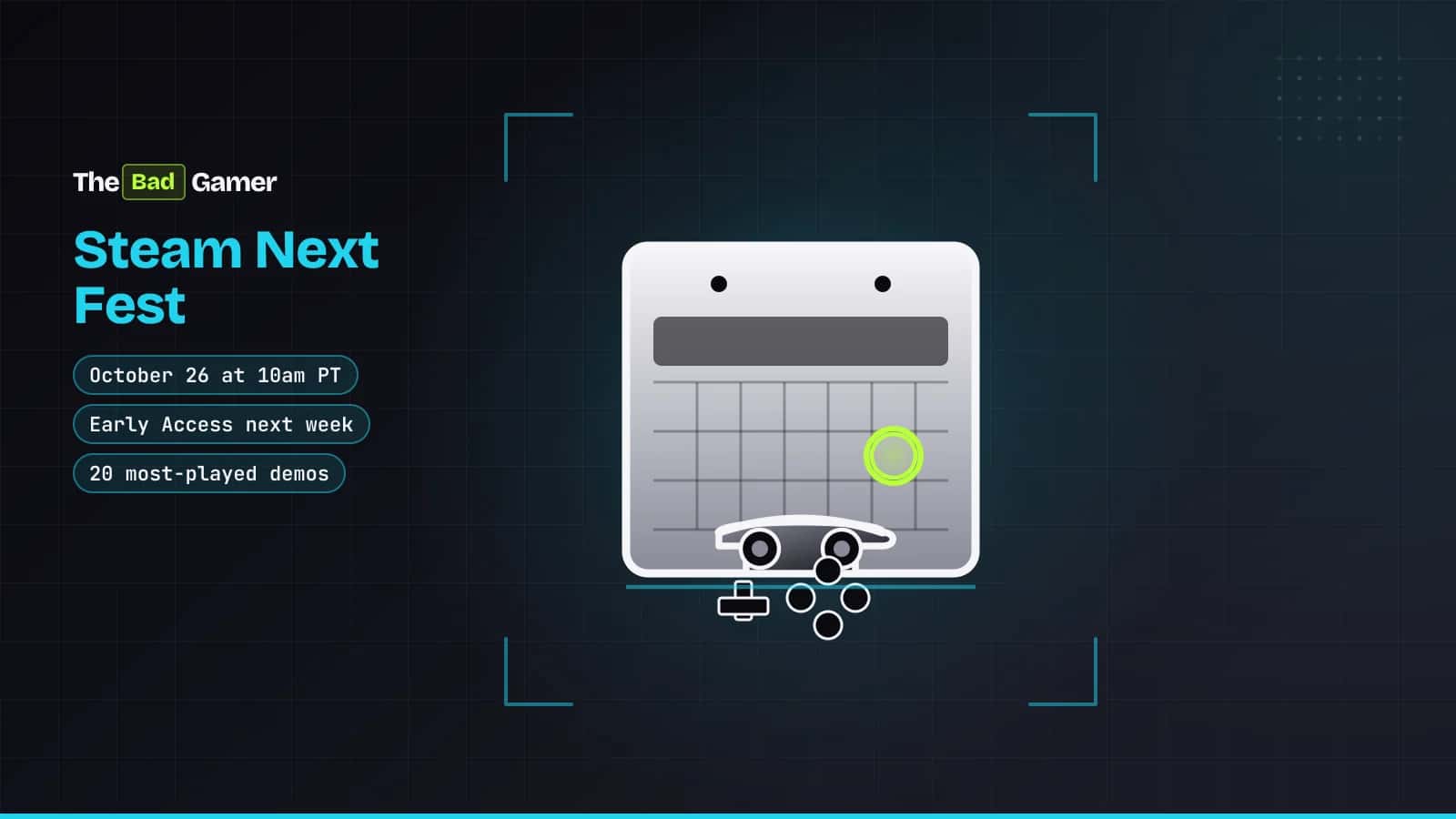 Calendar page with October 26 circled and a game controller on top representing Steam Next Fest top demos and Emberville…