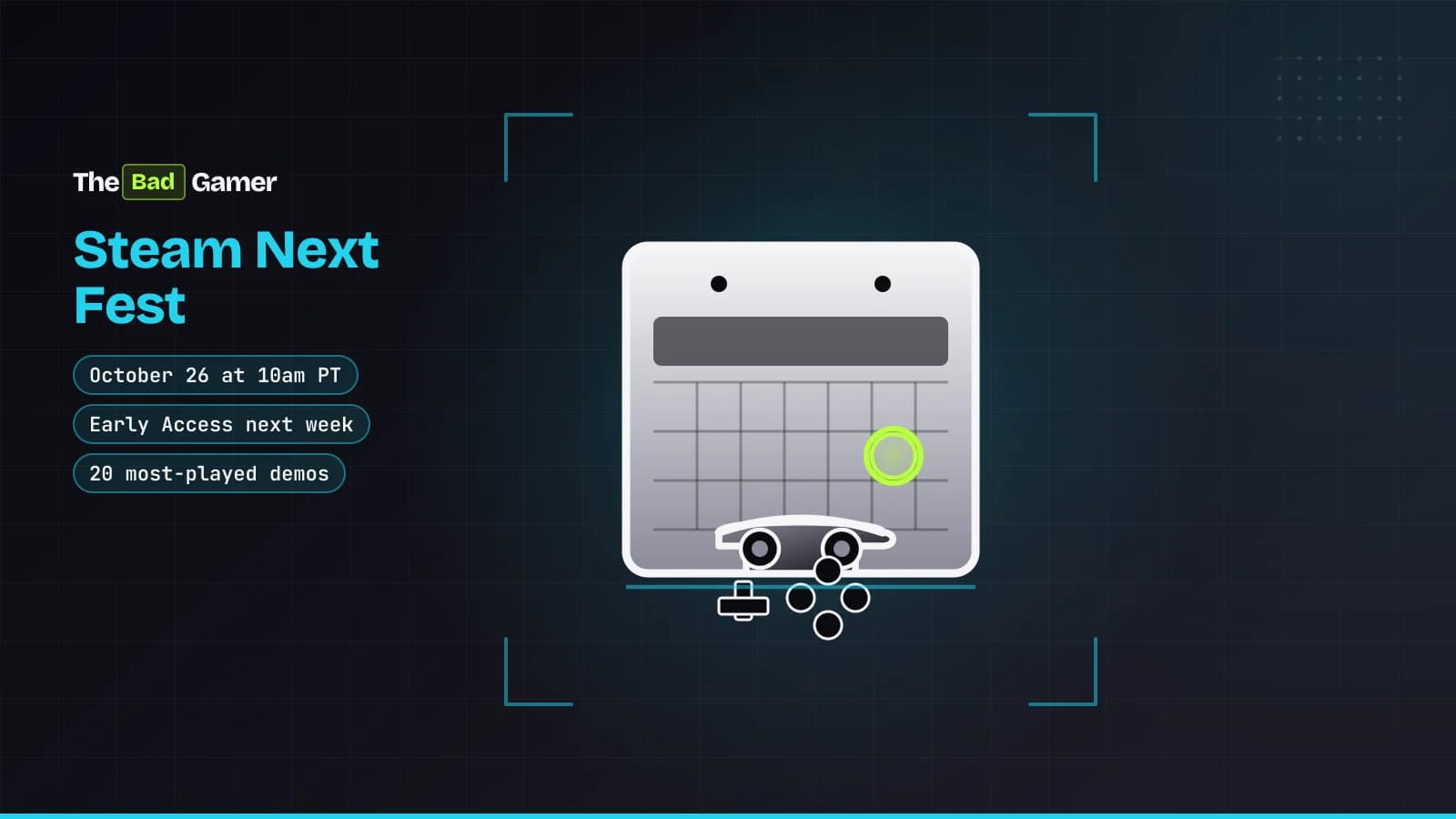 Calendar page with October 26 circled and a game controller on top representing Steam Next Fest top demos and Emberville…