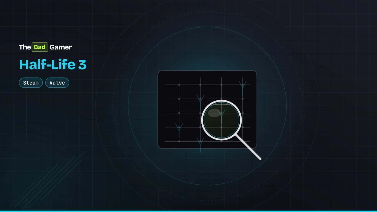 A magnifying glass over a circuit board with Half-Life lambda symbols, representing community datamining of Steam backend…