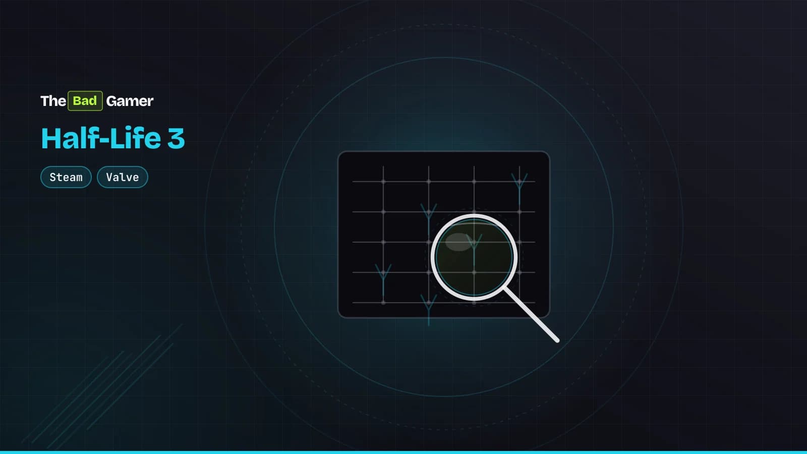 A magnifying glass over a circuit board with Half-Life lambda symbols, representing community datamining of Steam backend…